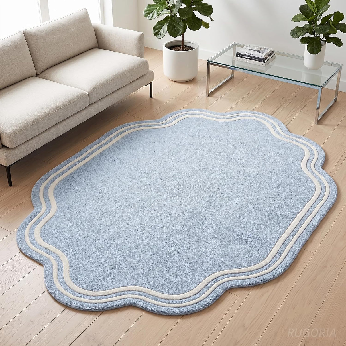 Modern Hand Tufted Wool Area Rug, Scalloped Border Design