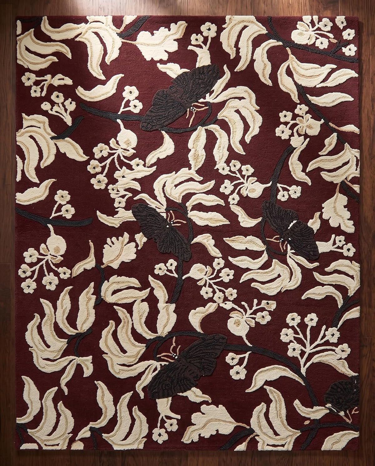 Hand Tufted Wool Rug, Floral Butterfly Botanical Pattern