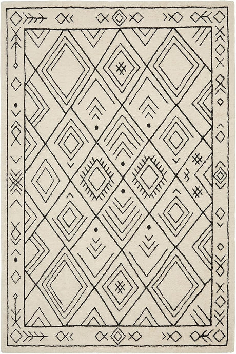 Modern Handmade Wool Rug, Ivory Black Diamond Geometric Design Carpet