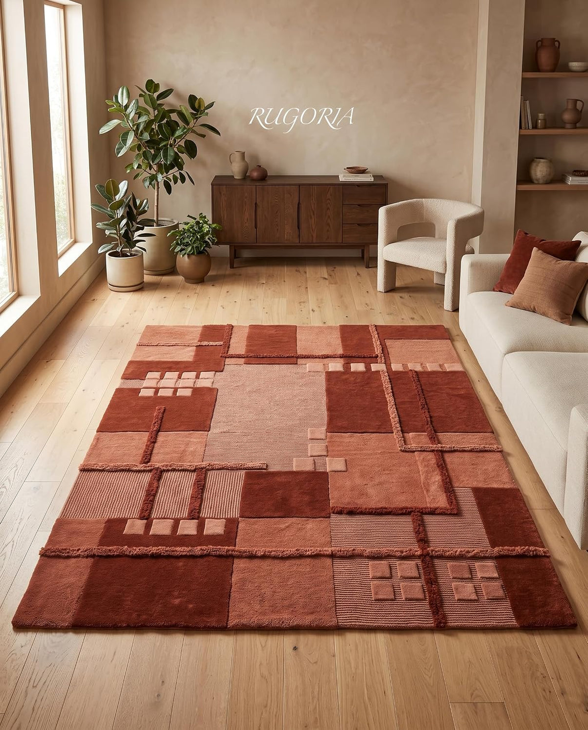 Hand-Tufted Wool Area Rug, Modern Patchwork Geometric Design