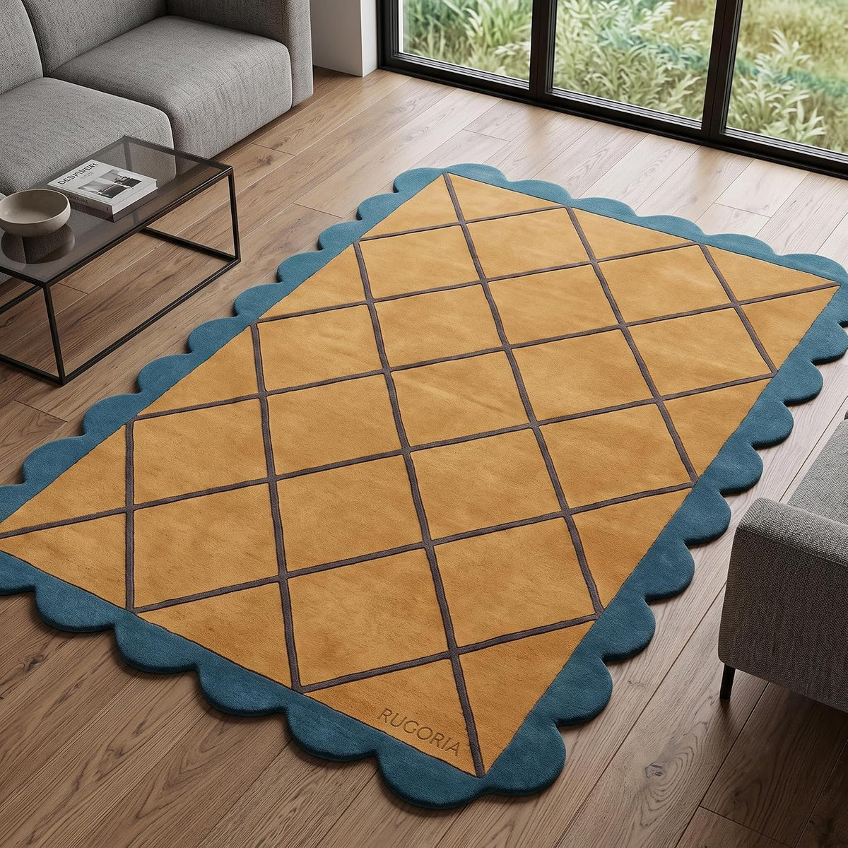 Modern Hand Tufted Wool Rug, Scalloped Border, Geometric Diamond Pattern,