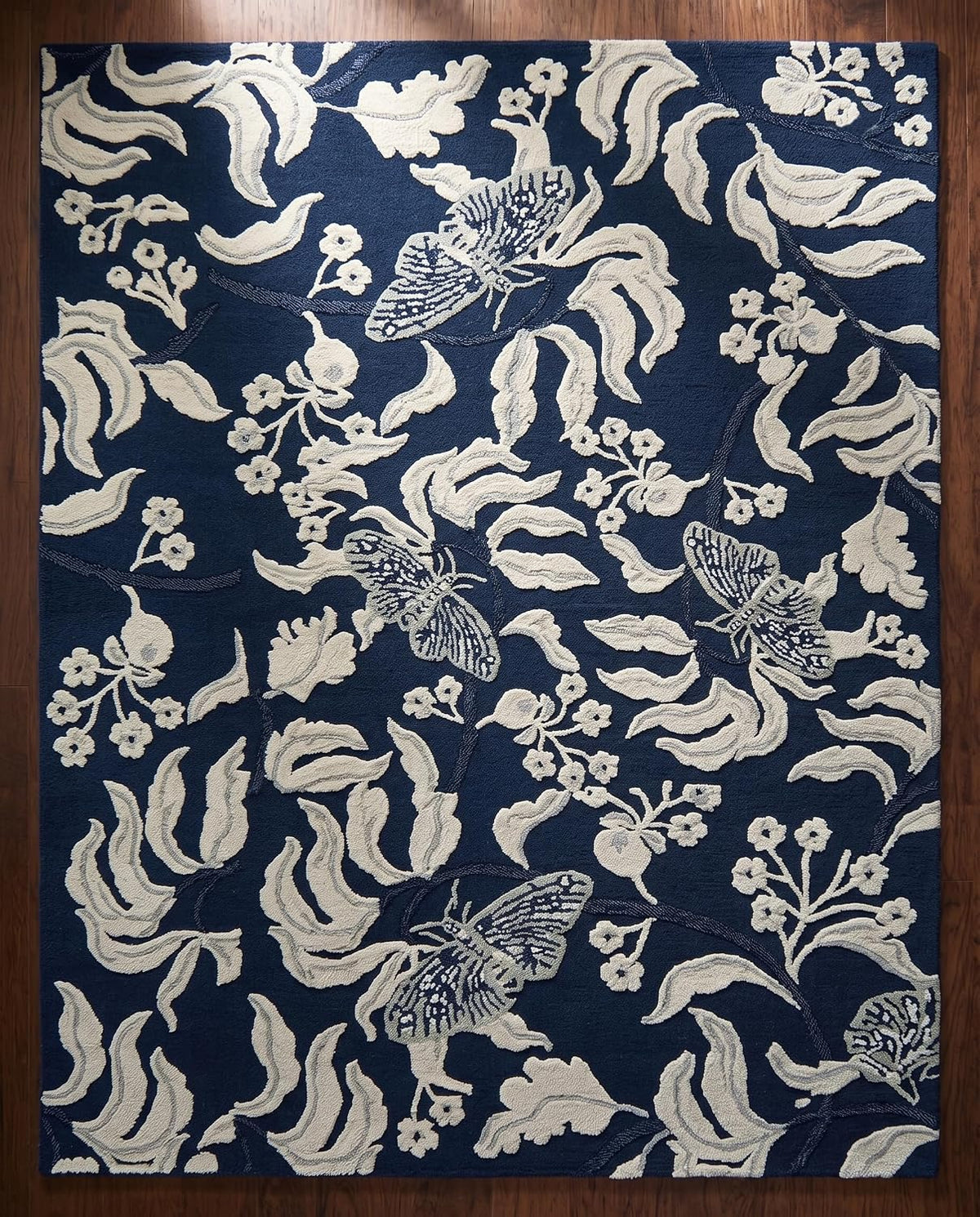Hand Tufted Wool Rug, Floral Butterfly Botanical Pattern