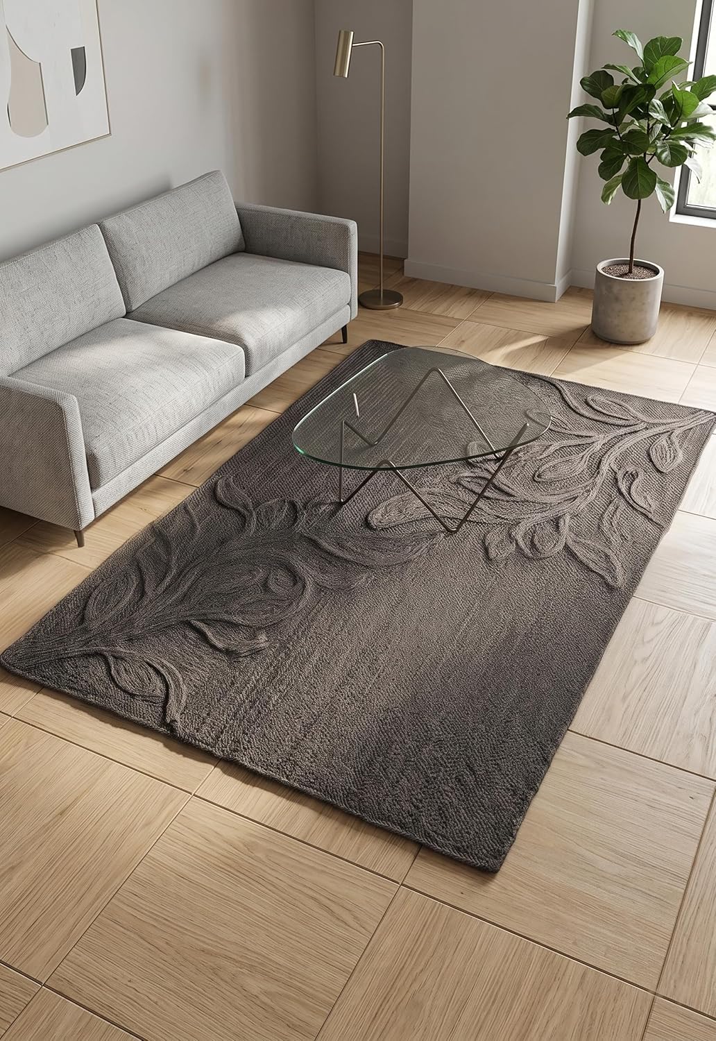Handwoven Jute Rug with Textured Floral Border Design, Natural Fiber Rug