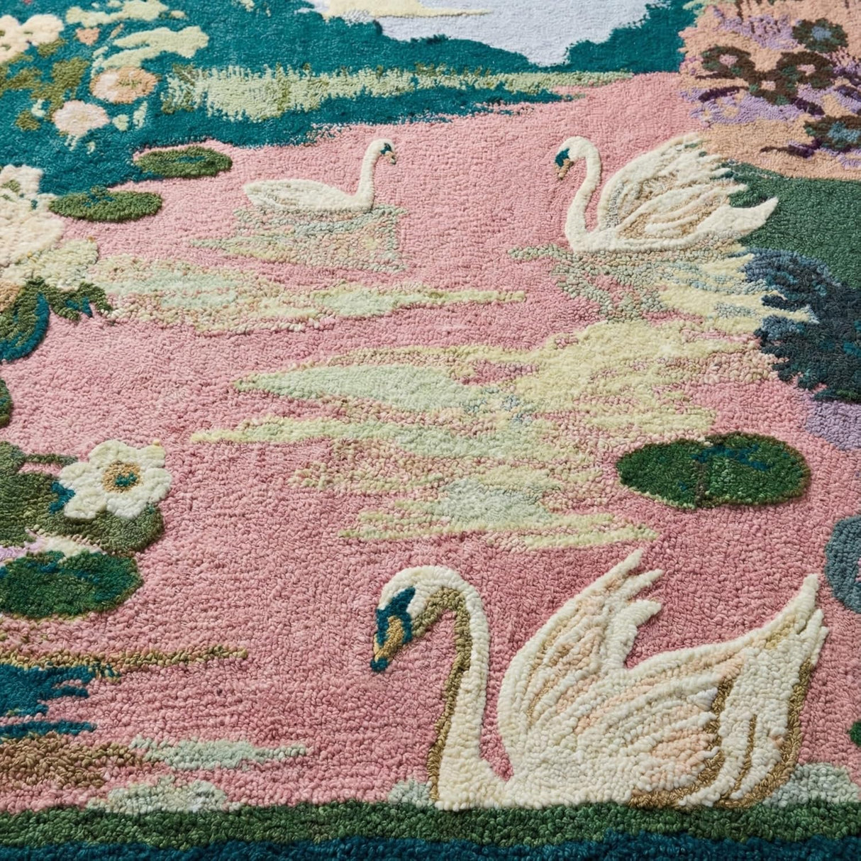 Hand-Tufted 100% Wool Rug – Swan Lake Scenic Floral Design