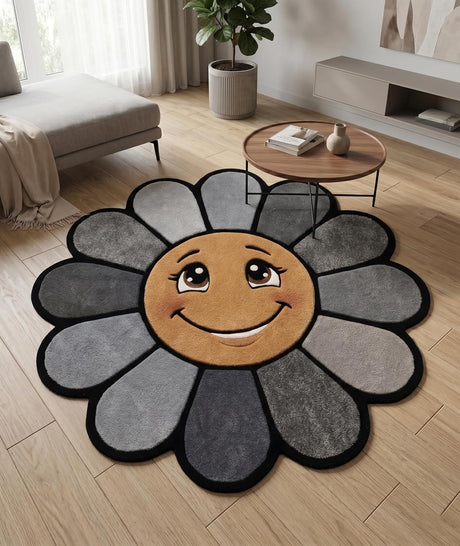 Hand Tufted Wool Area Rug Flower Shape Cartoon Face Design