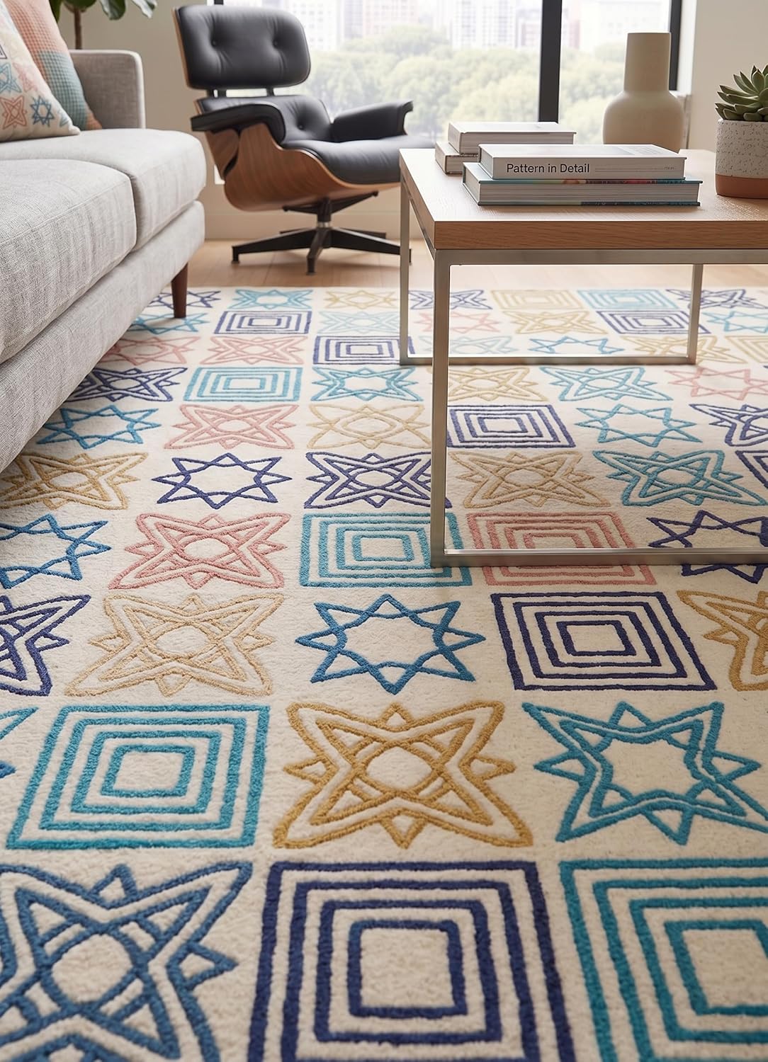 Modern Handmade Wool Rug, Colorful Geometric Star & Square Pattern