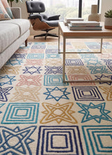 Modern Handmade Wool Rug, Colorful Geometric Star & Square Pattern