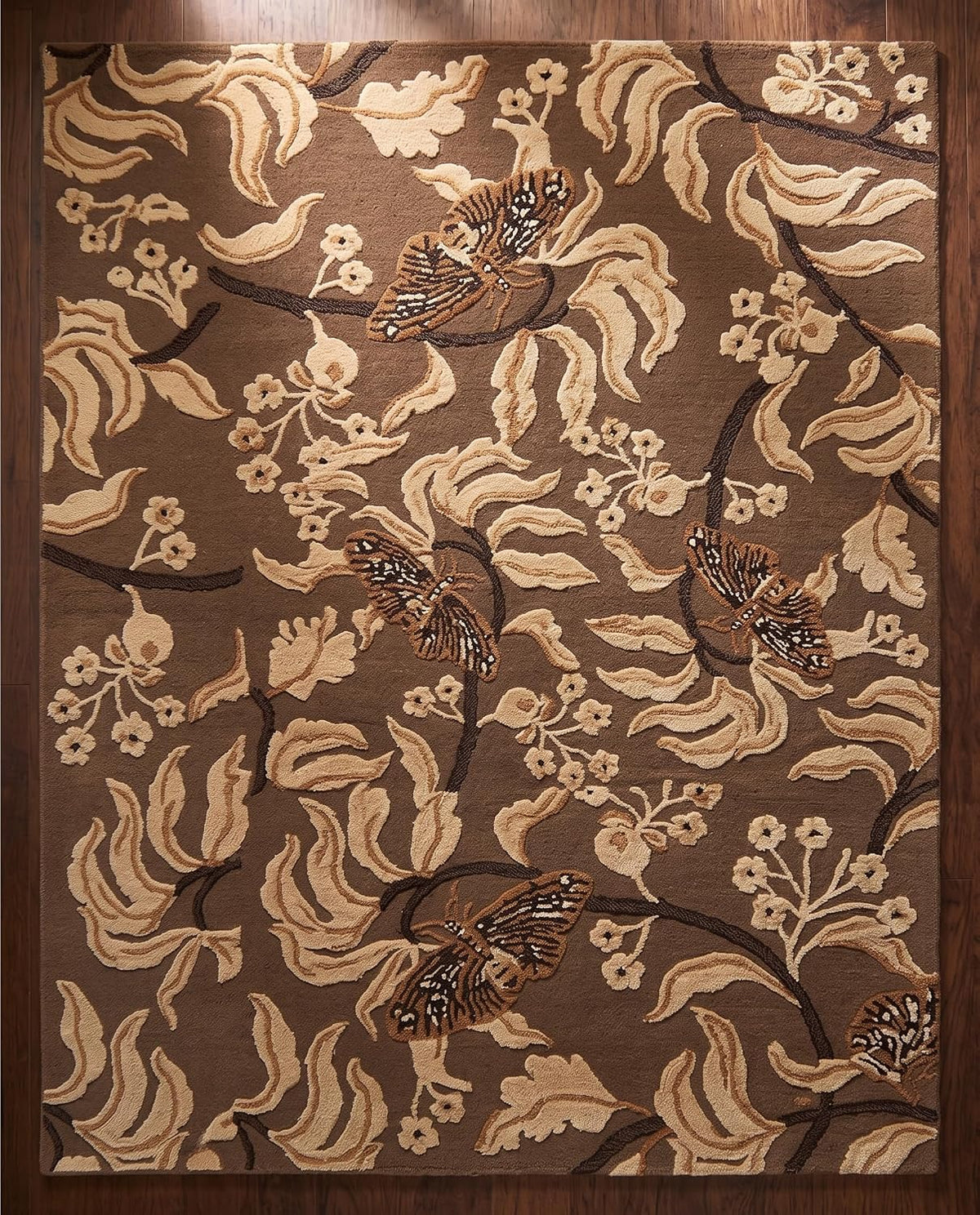Hand Tufted Wool Rug, Floral Butterfly Botanical Pattern