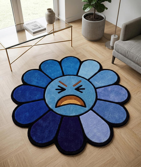 Hand Tufted Wool Area Rug Flower Shape Cartoon Face Design