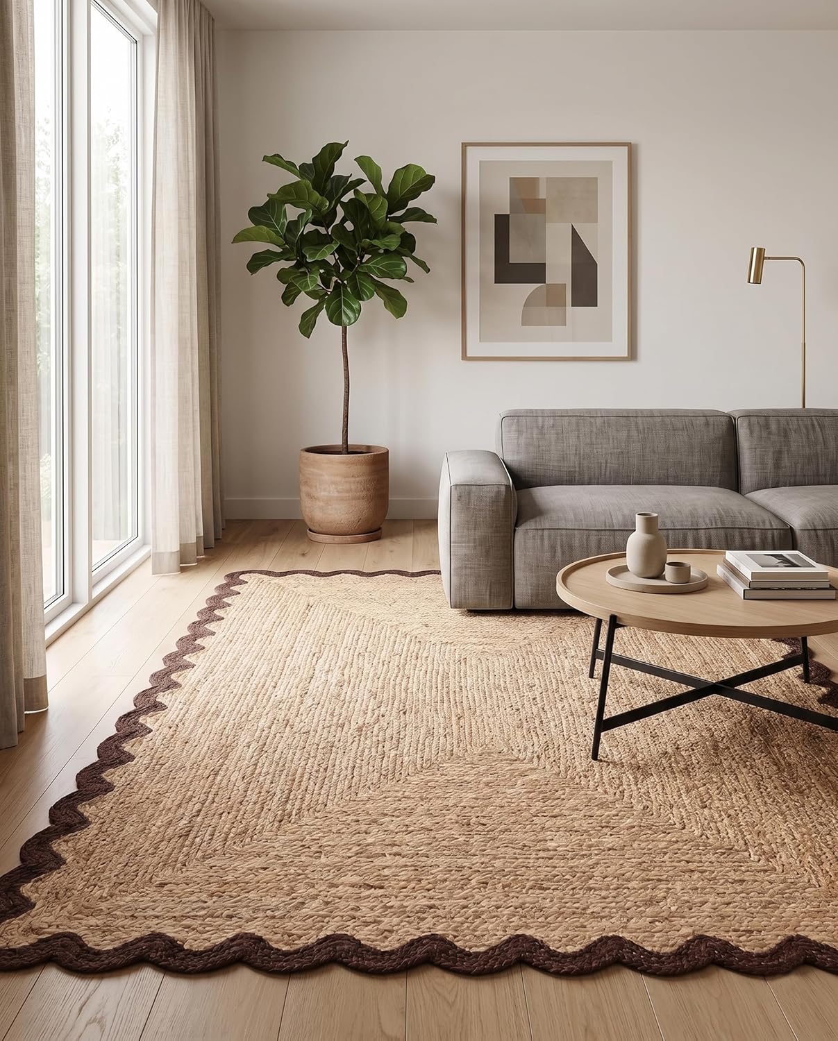 Handwoven Jute Rug with Scalloped Border, Natural Fiber Indoor Rug
