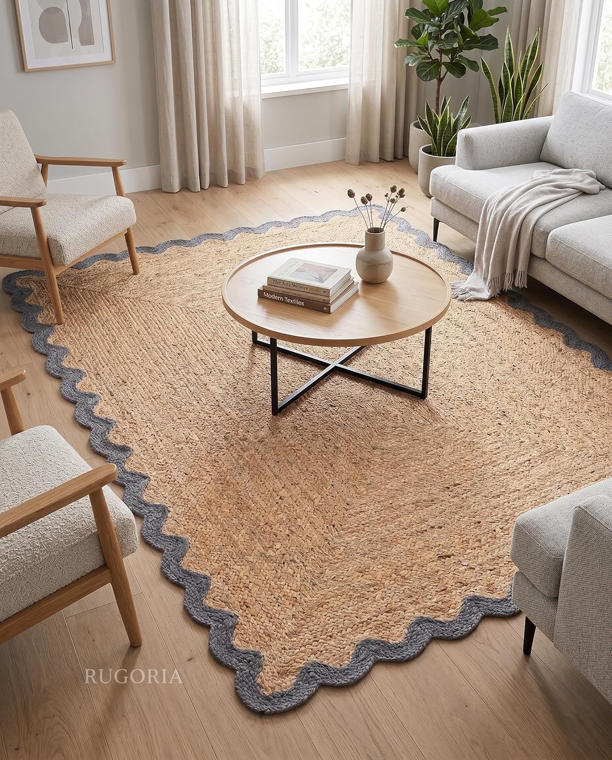 Handwoven Jute Rug with Scalloped Border, Natural Fiber Indoor Rug