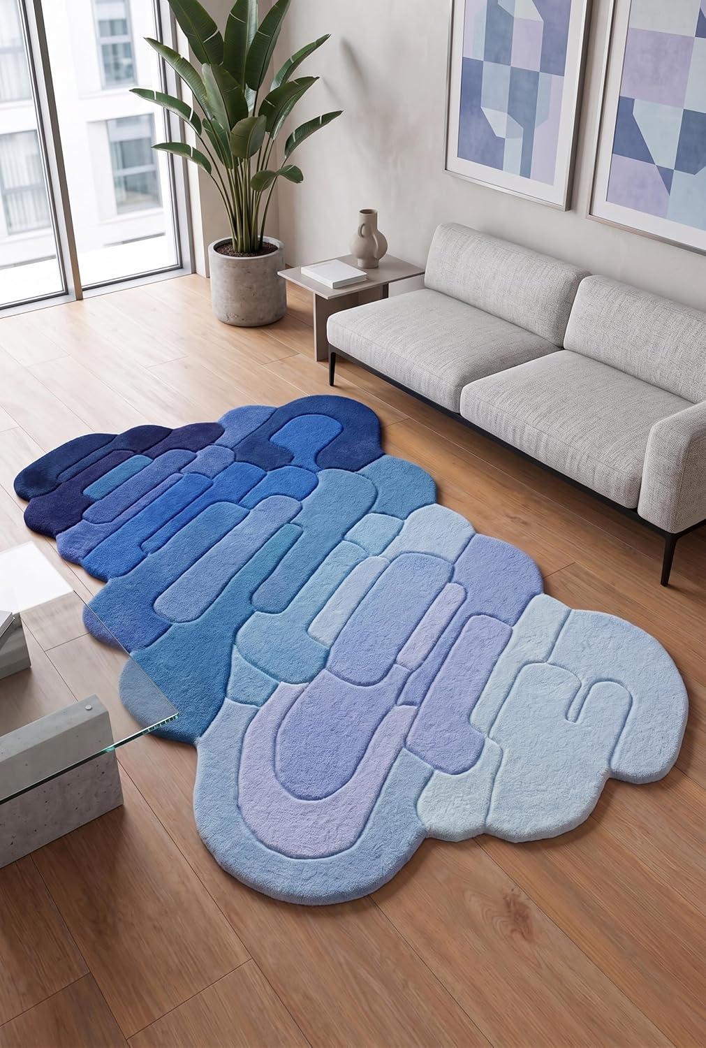 Hand Tufted Wool Rug, Abstract Organic Irregular Shape, Modern Gradient Design