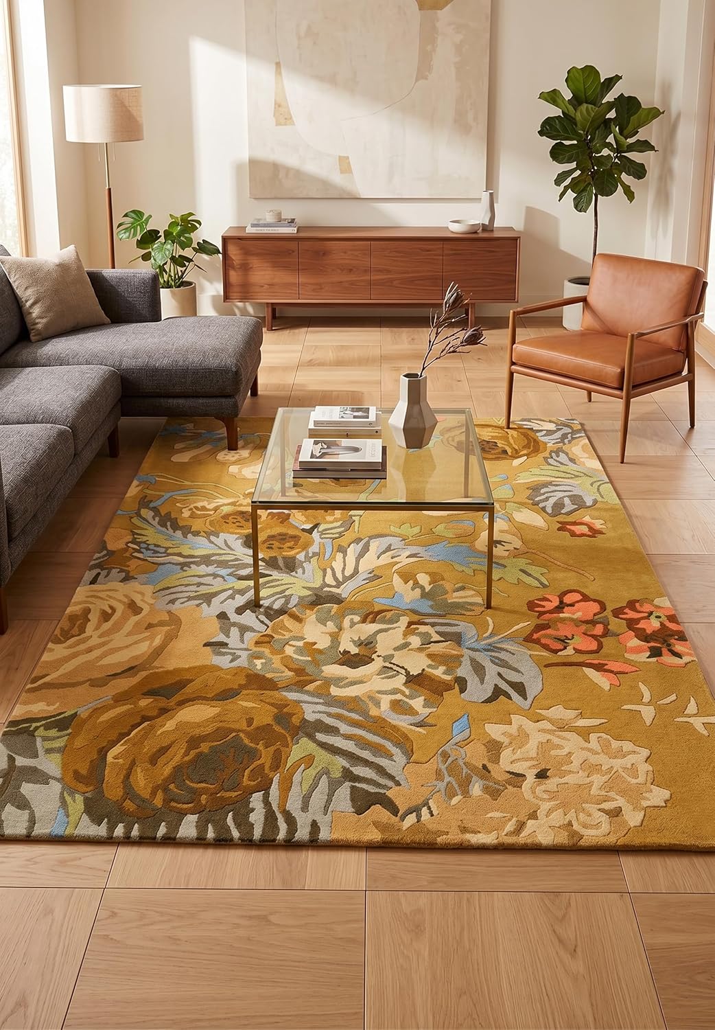 Modern Rose Floral Wool Rug | Colorful Garden Flower Design Carpet