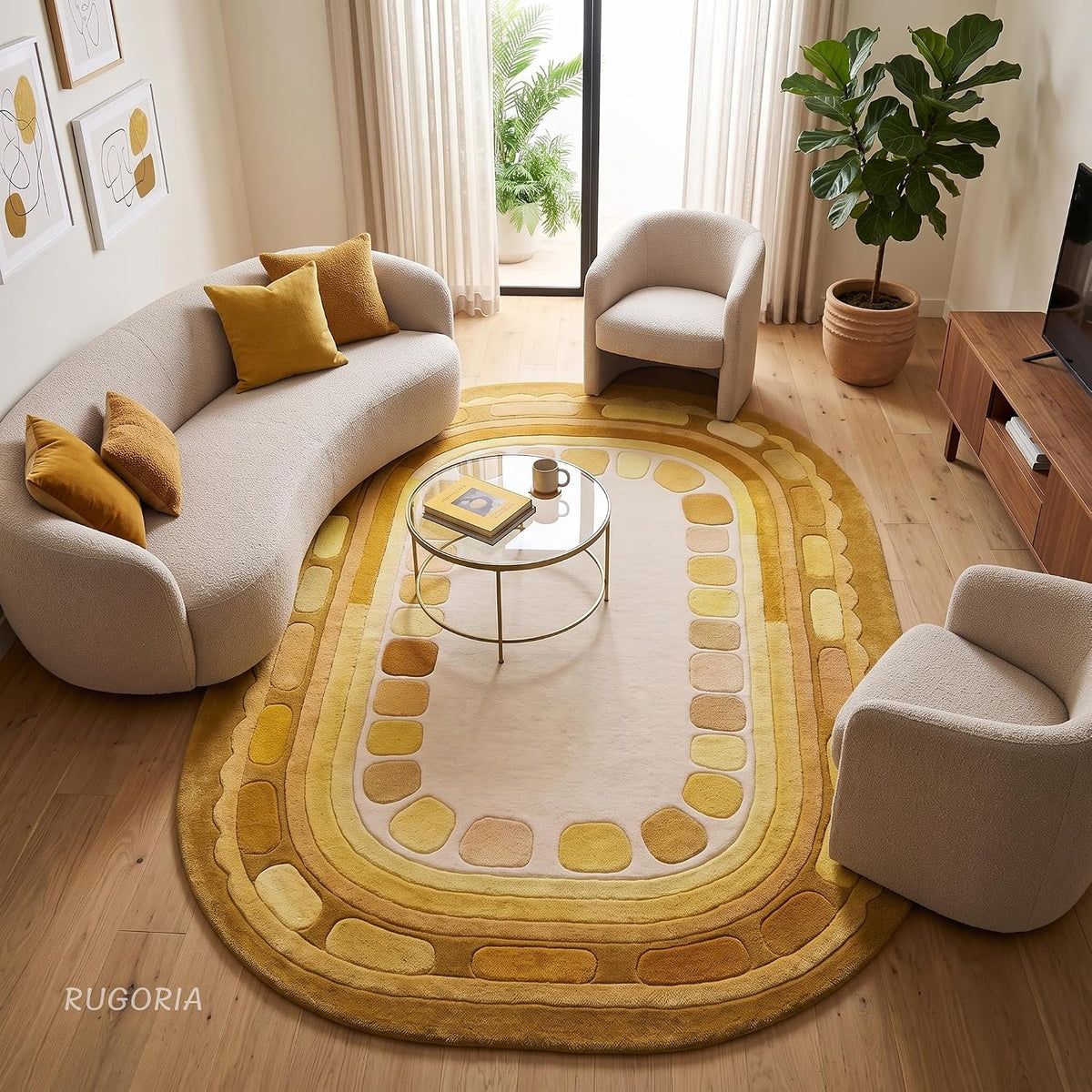 Hand Tufted Wool Rug, Rounded Rectangle Geometric Border Design,