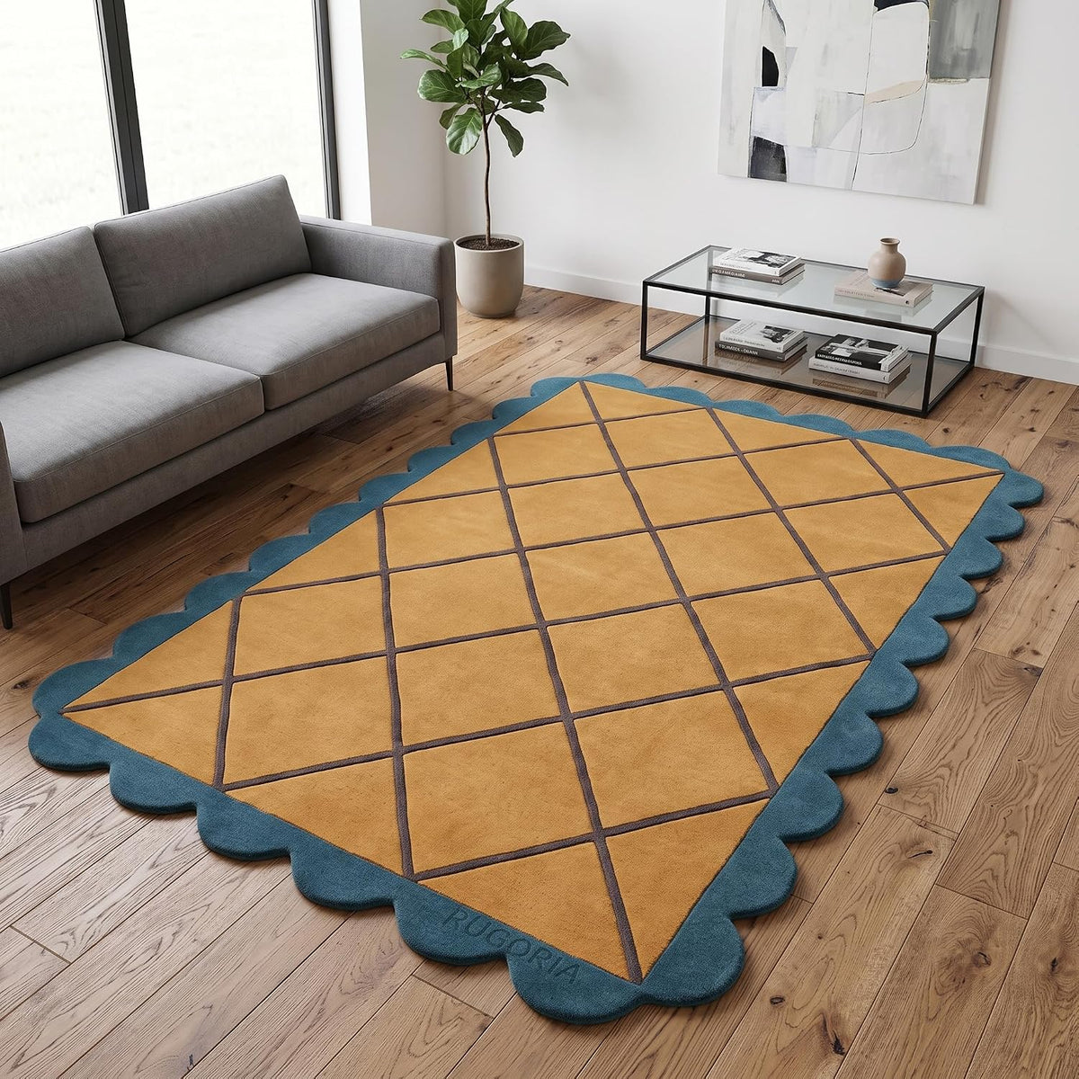 Modern Hand Tufted Wool Rug, Scalloped Border, Geometric Diamond Pattern,