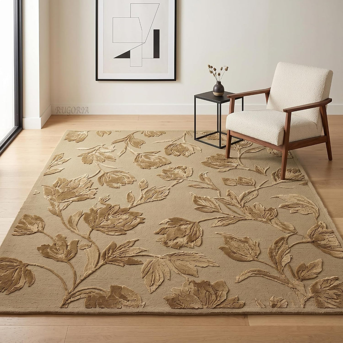 Hand Tufted Floral Wool Area Rug, Raised Botanical Carved Design