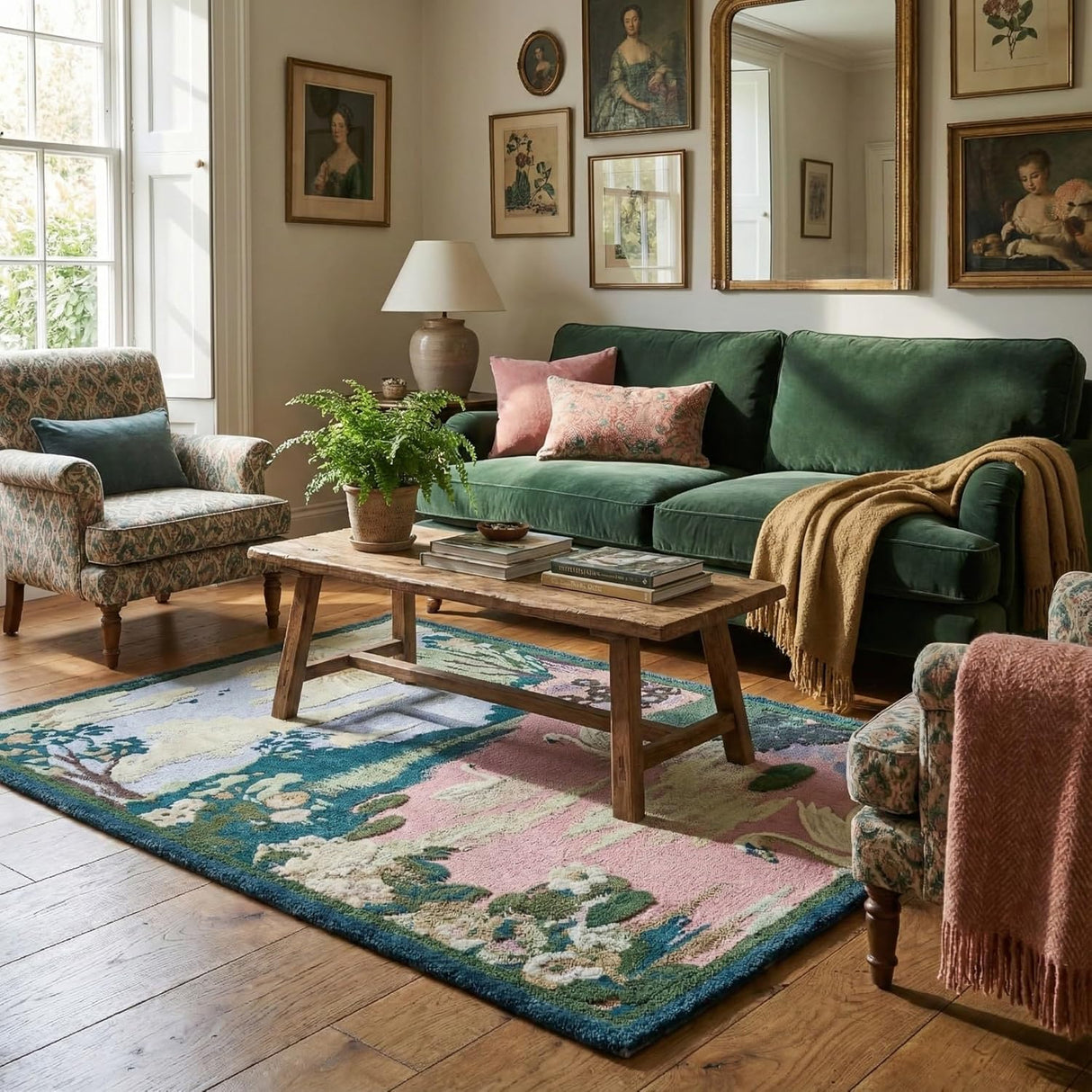 Hand-Tufted 100% Wool Rug – Swan Lake Scenic Floral Design