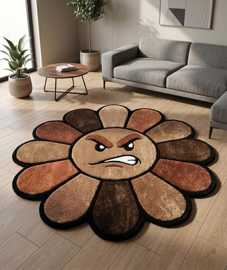 Hand Tufted Wool Area Rug Flower Shape Cartoon Face Design