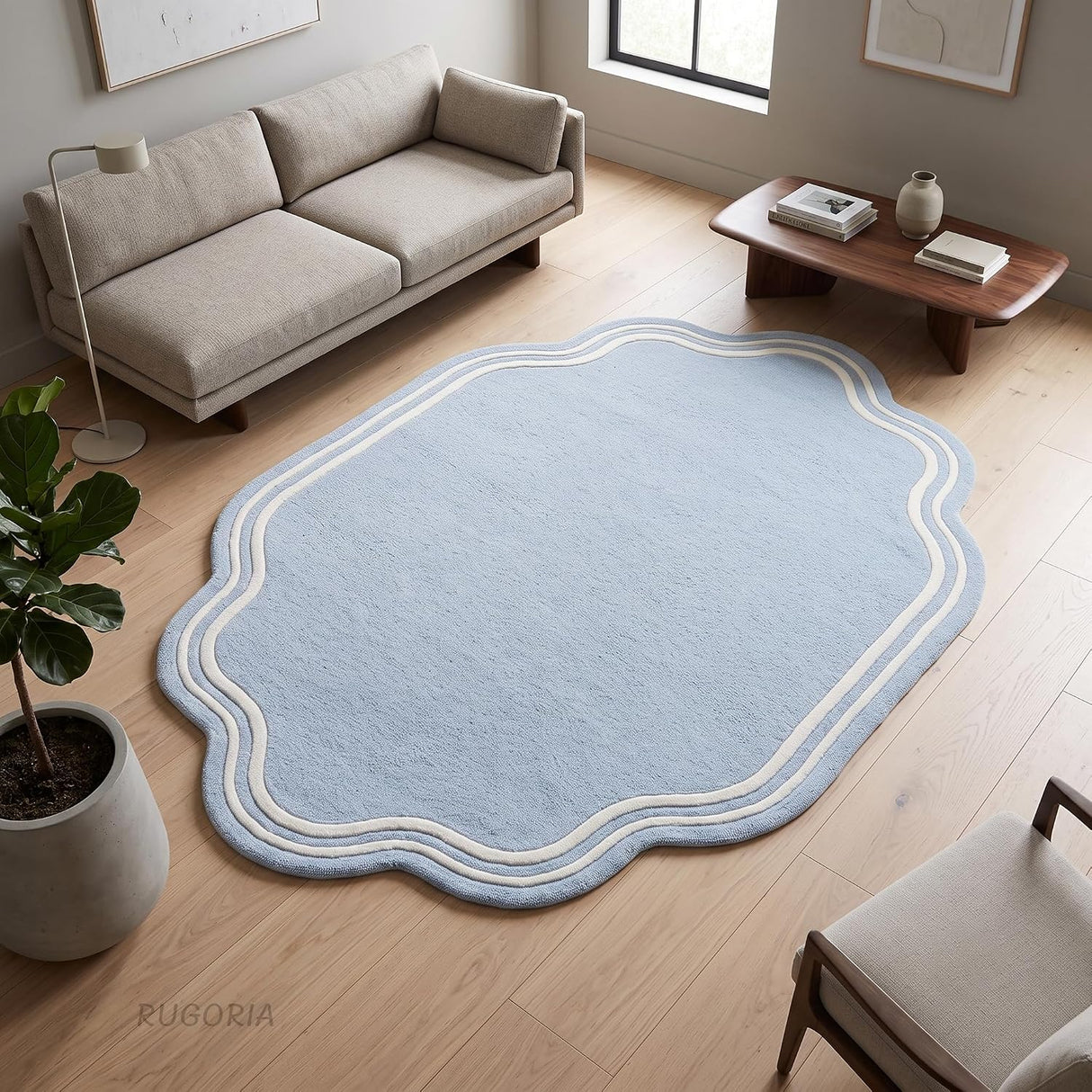 Modern Hand Tufted Wool Area Rug, Scalloped Border Design