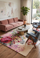 Modern Rose Floral Wool Rug | Colorful Garden Flower Design Carpet