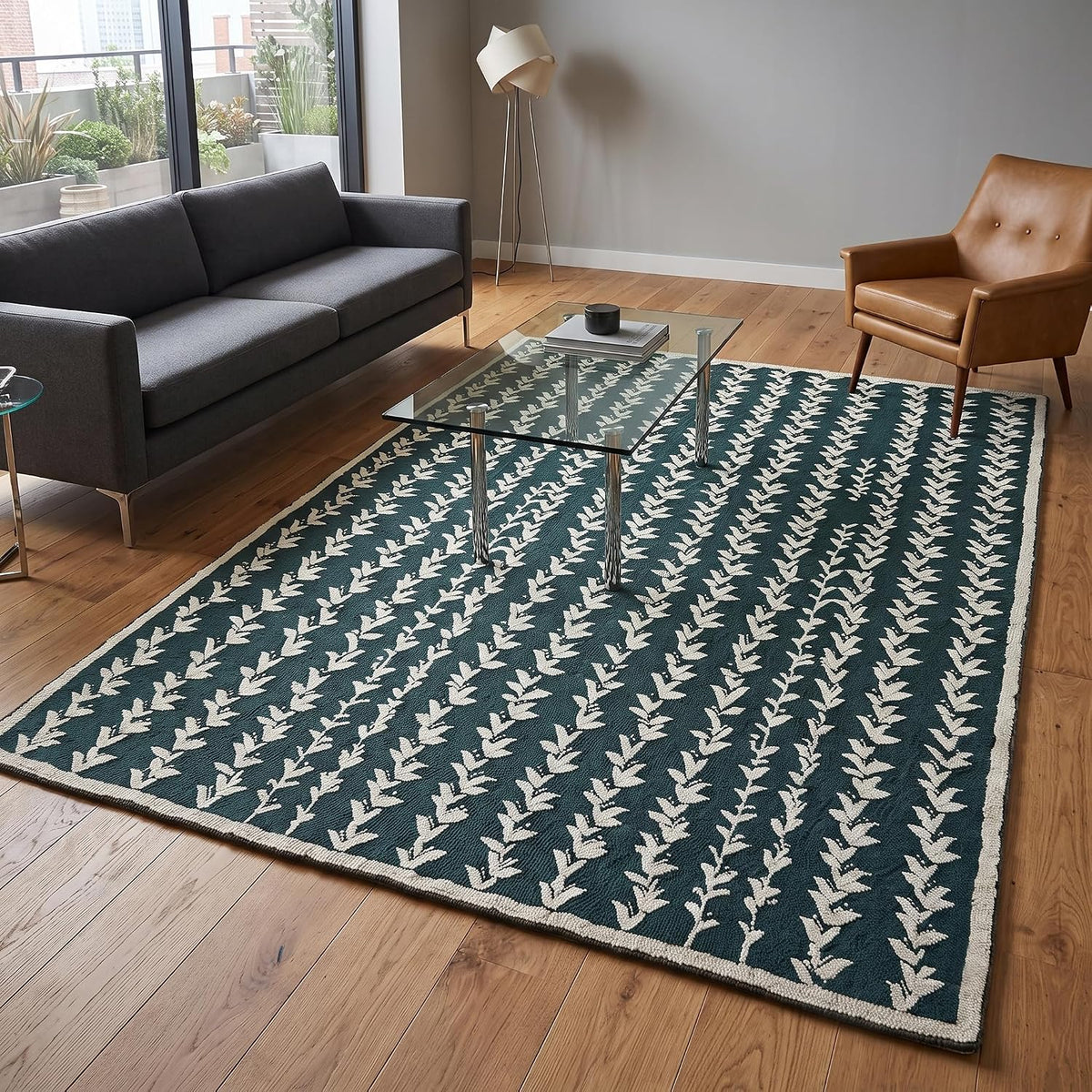 Hand-Tufted Wool Area Rug, Botanical Vine Pattern, Soft Thick Wool Carpet