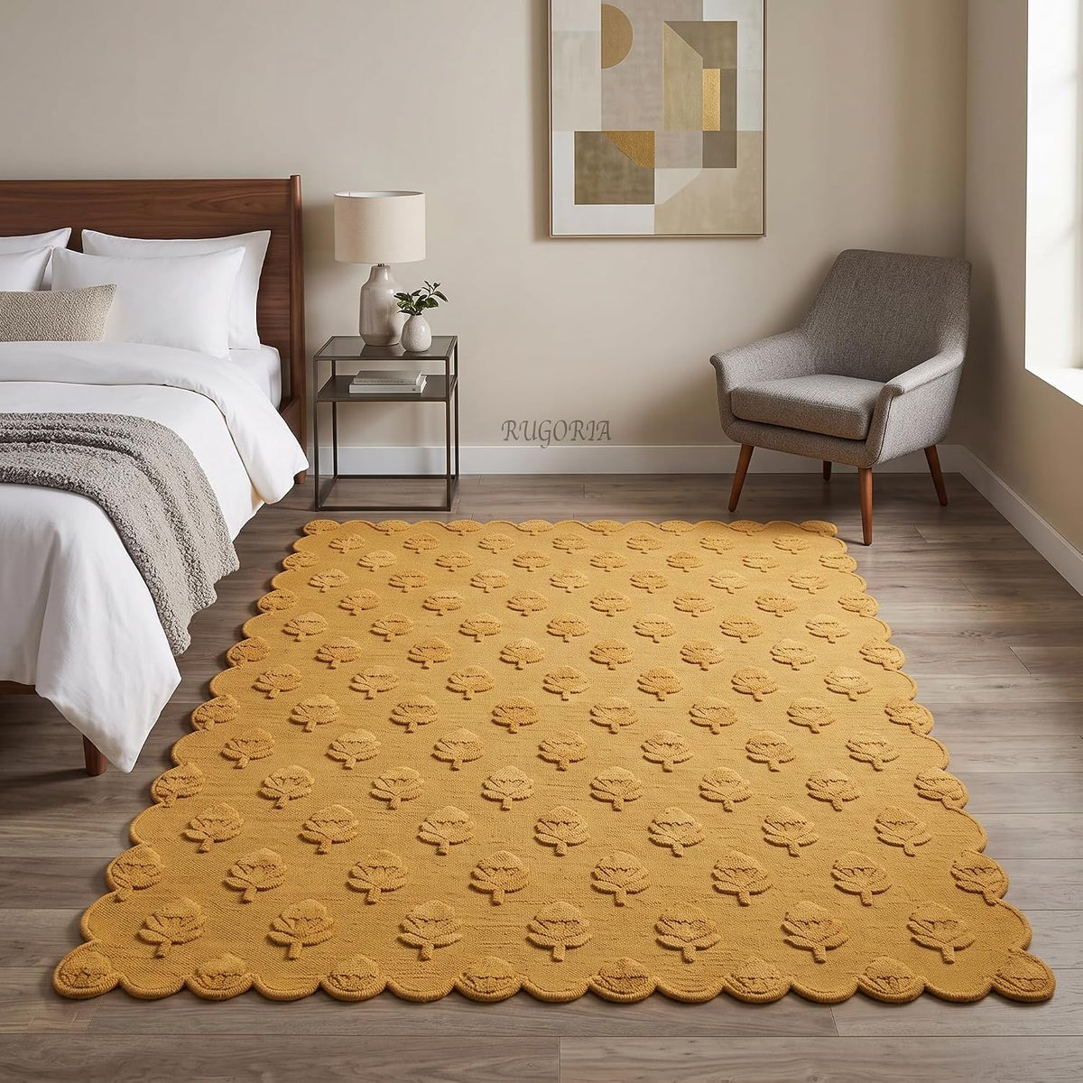 Hand Tufted Wool Rug, Floral Botanical Pattern with Scalloped