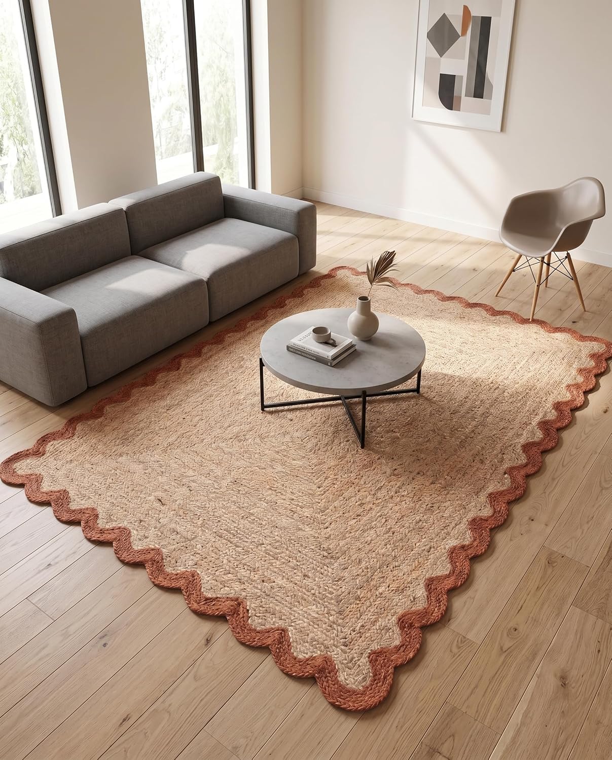Handwoven Jute Rug with Scalloped Border, Natural Fiber Indoor Rug