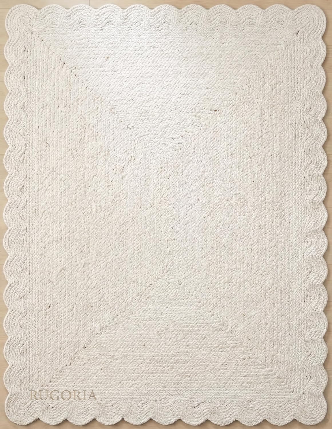 Handwoven Jute Rug with Scalloped Border, Natural Fiber Indoor Rug
