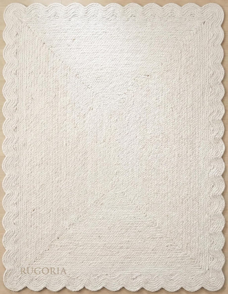 Handwoven Jute Rug with Scalloped Border, Natural Fiber Indoor Rug