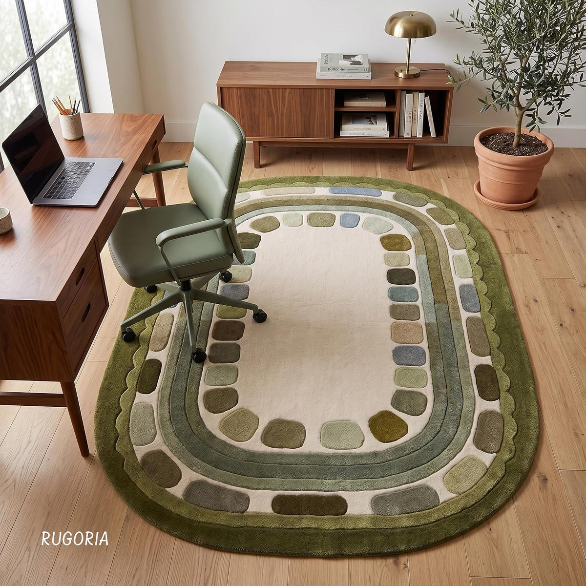 Hand Tufted Wool Rug, Rounded Rectangle Geometric Border Design,