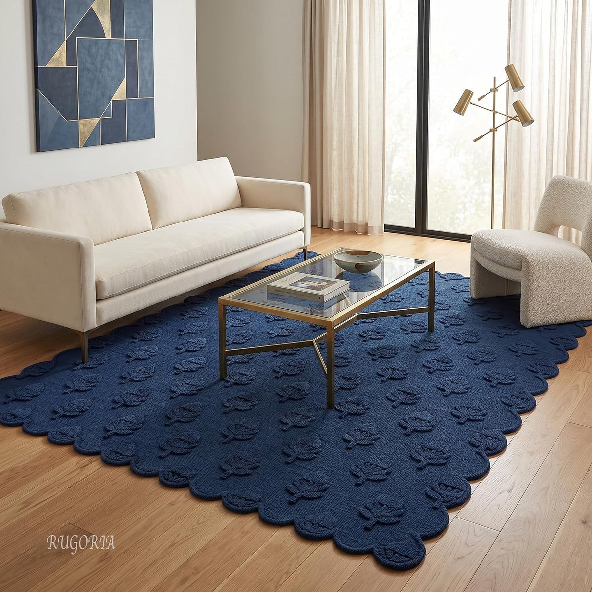 Hand Tufted Wool Rug, Floral Botanical Pattern with Scalloped