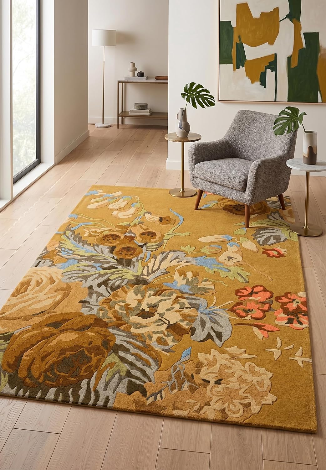 Modern Rose Floral Wool Rug | Colorful Garden Flower Design Carpet
