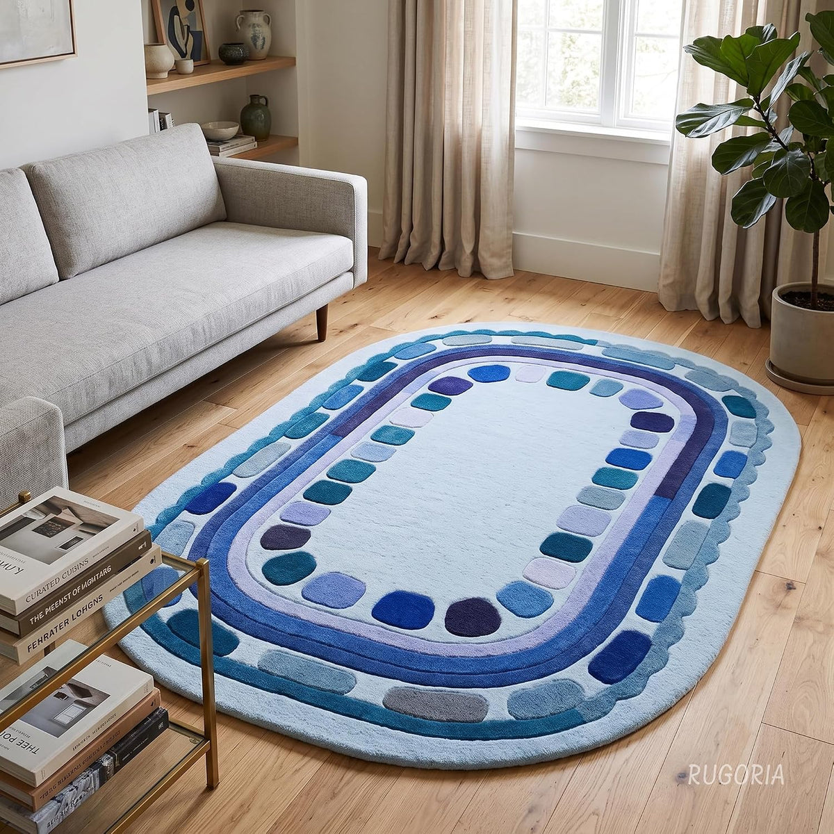 Hand Tufted Wool Rug, Rounded Rectangle Geometric Border Design,