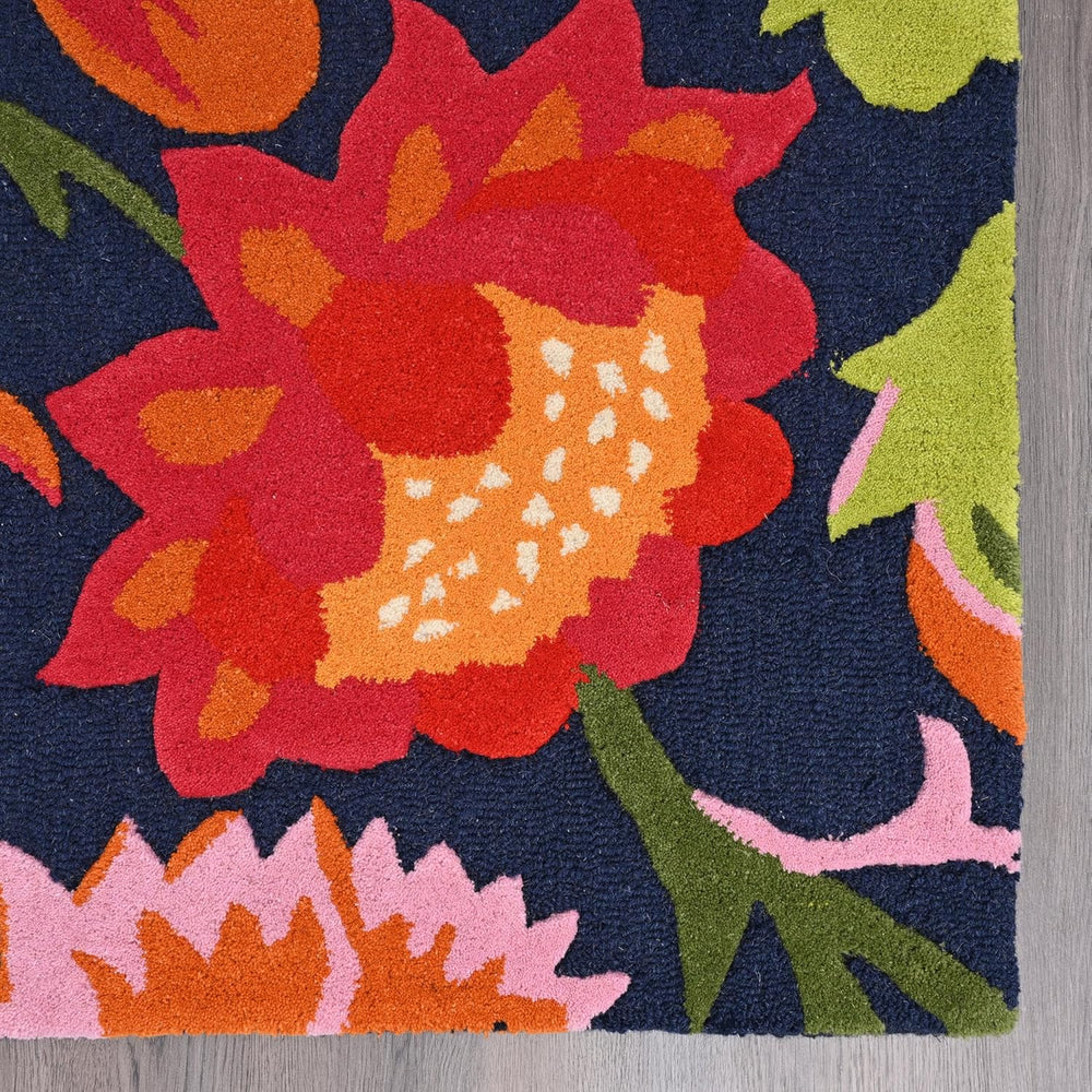 Looped Rug Vintage Handmade Vintage Floral Wool Area Rug in Navy - Non-Shedding Loop Craf