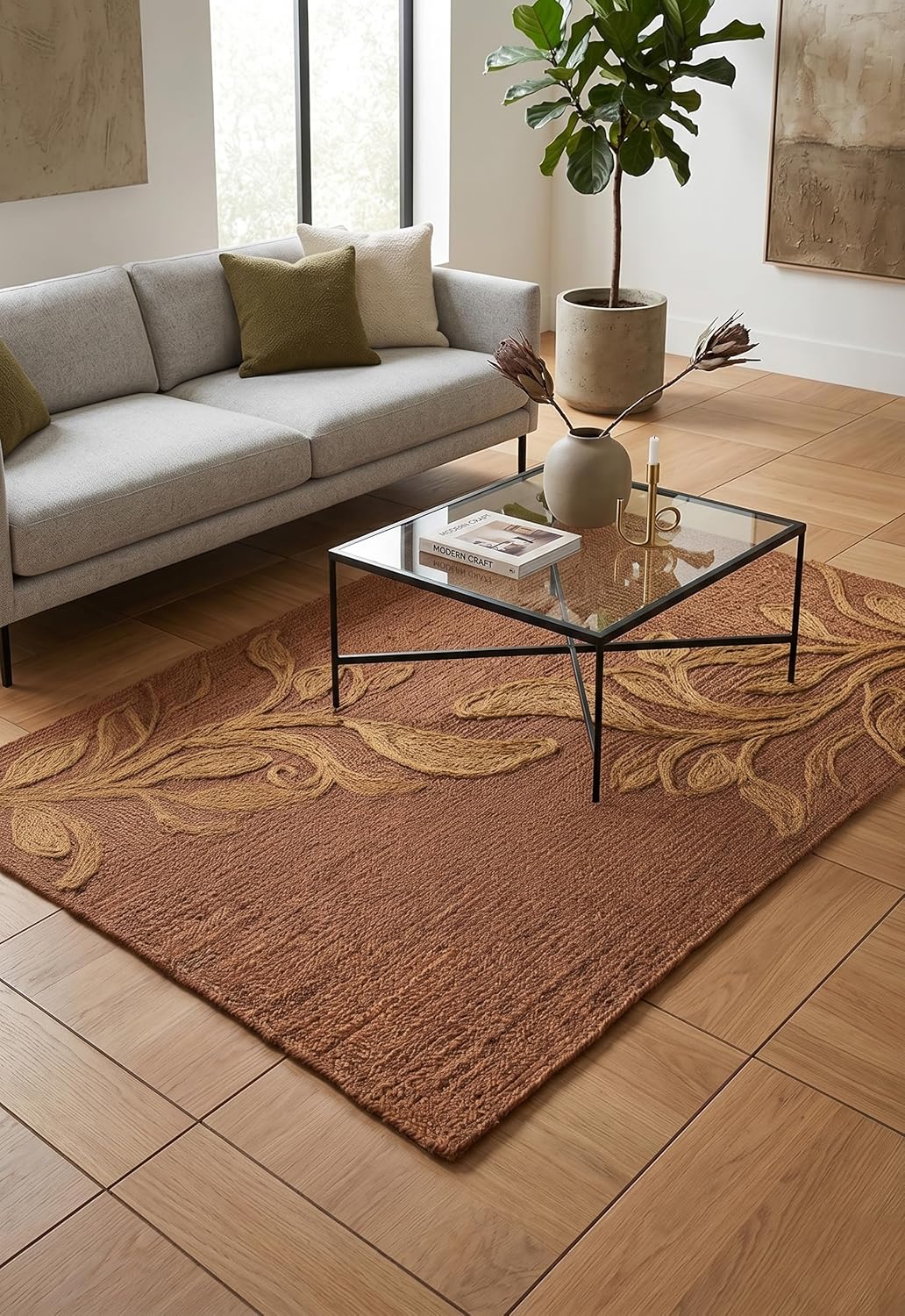 Handwoven Jute Rug with Textured Floral Border Design, Natural Fiber Rug