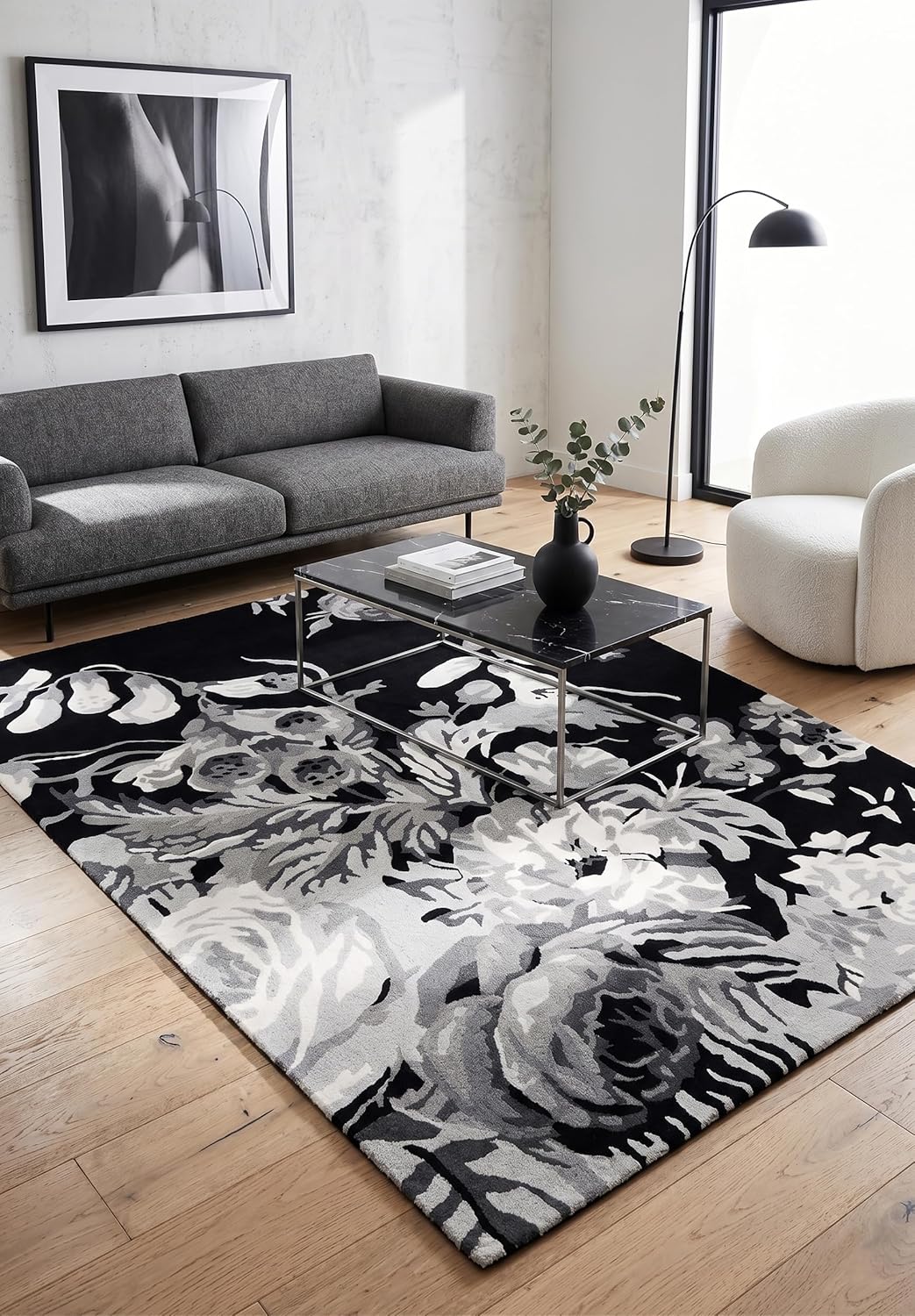 Modern Rose Floral Wool Rug | Colorful Garden Flower Design Carpet