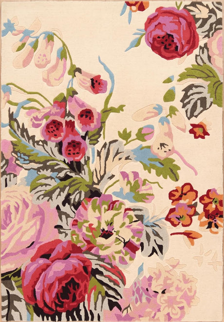 Modern Rose Floral Wool Rug | Colorful Garden Flower Design Carpet