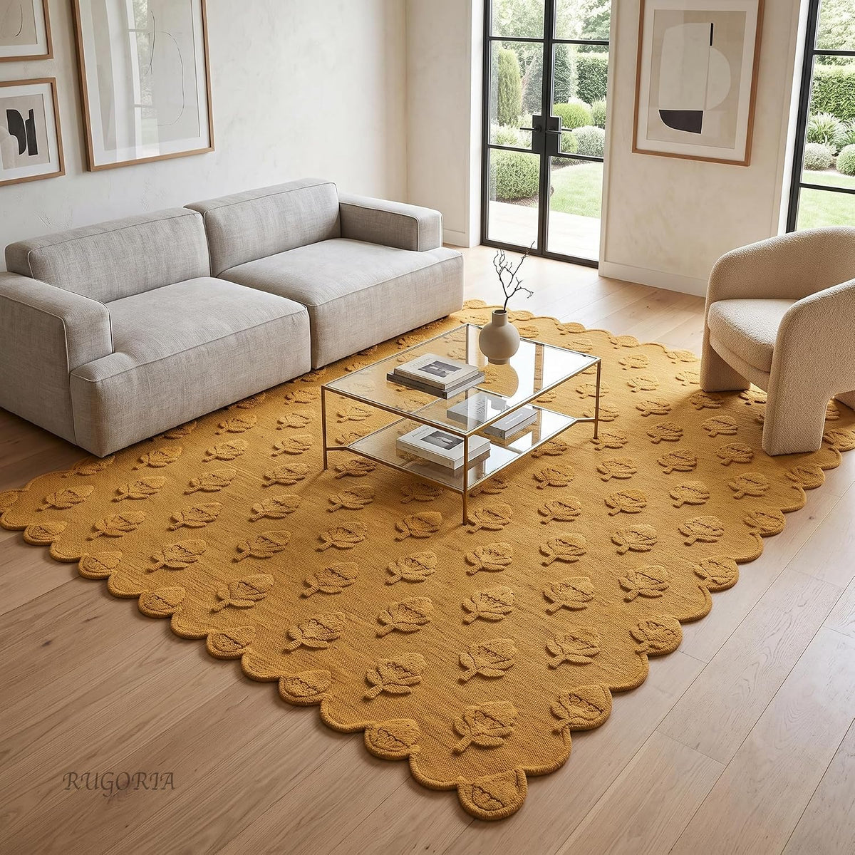 Hand Tufted Wool Rug, Floral Botanical Pattern with Scalloped