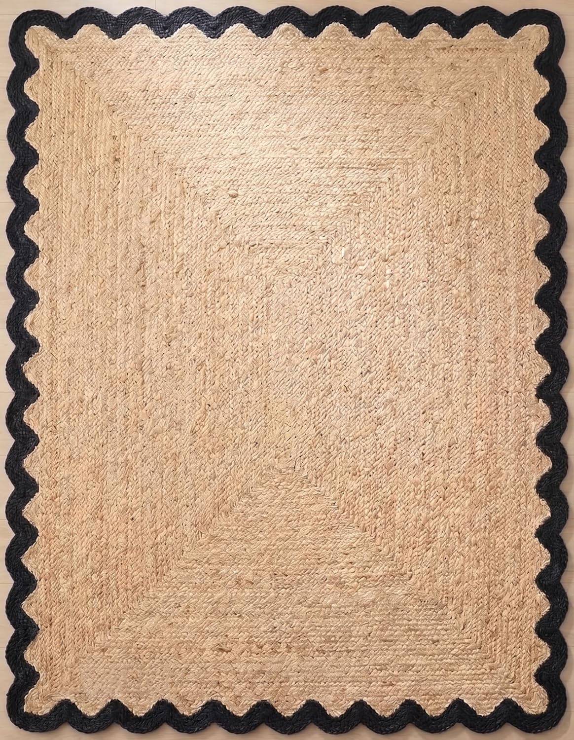 Handwoven Jute Rug with Scalloped Border, Natural Fiber Indoor Rug