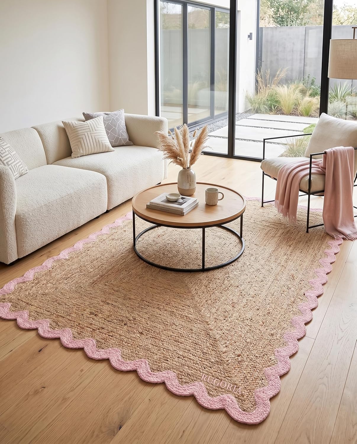 Handwoven Jute Rug with Scalloped Border, Natural Fiber Indoor Rug