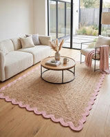 Handwoven Jute Rug with Scalloped Border, Natural Fiber Indoor Rug