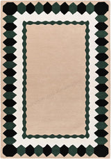Hand-Tufted Wool Rug – Geometric Border Design in Black, Green & Beige