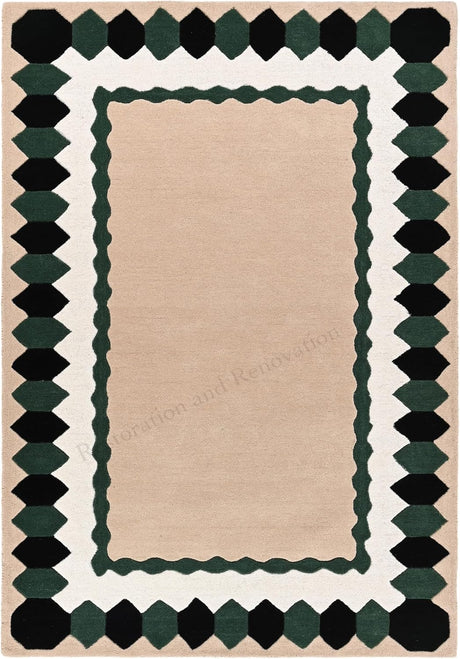 Hand-Tufted Wool Rug – Geometric Border Design in Black, Green & Beige
