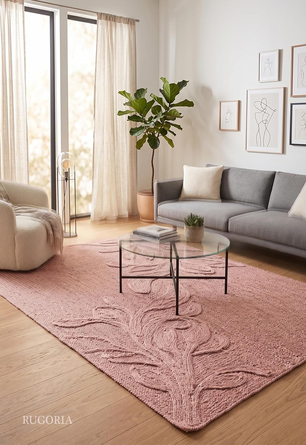 Handwoven Jute Rug with Textured Floral Border Design, Natural Fiber Rug