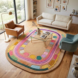 Hand Tufted Wool Rug, Rounded Rectangle Geometric Border Design,
