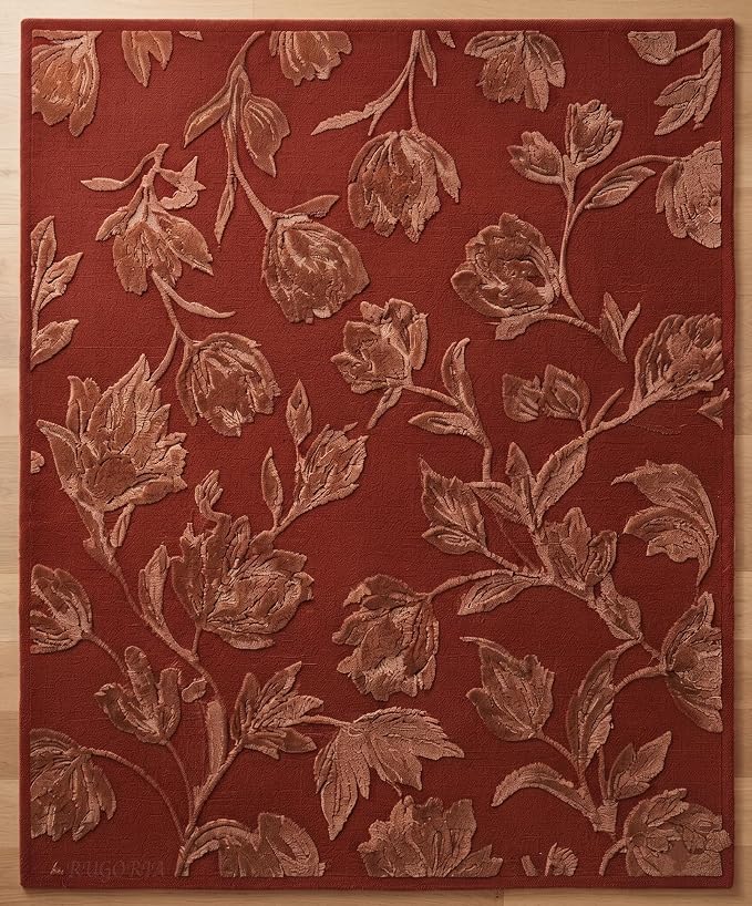 Hand Tufted Floral Wool Area Rug, Raised Botanical Carved Design