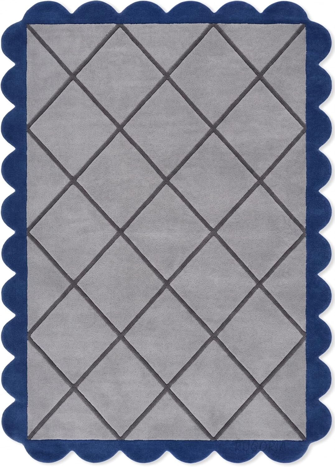 Modern Hand Tufted Wool Rug, Scalloped Border, Geometric Diamond Pattern,