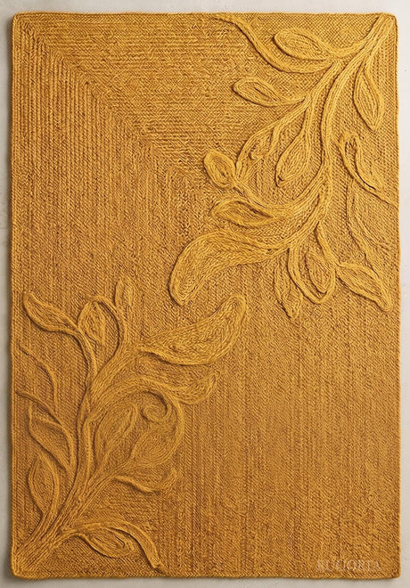 Handwoven Jute Rug with Textured Floral Border Design, Natural Fiber Rug