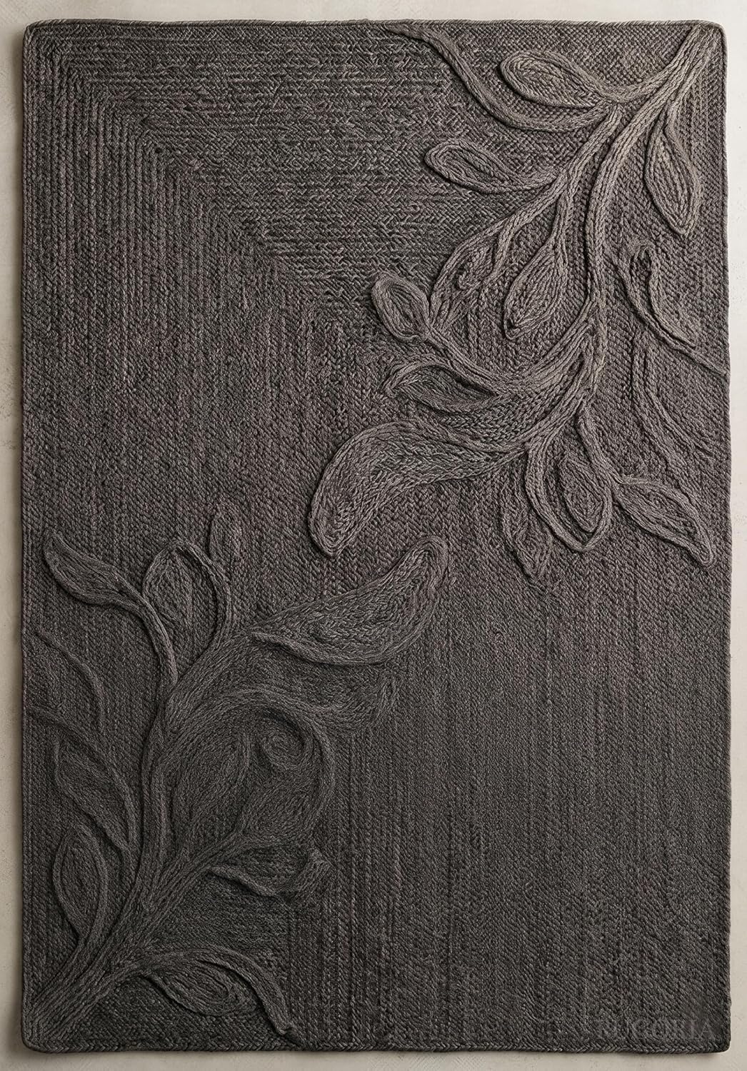 Handwoven Jute Rug with Textured Floral Border Design, Natural Fiber Rug