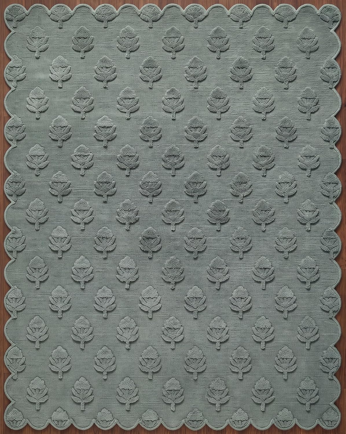 Hand Tufted Wool Rug, Floral Botanical Pattern with Scalloped